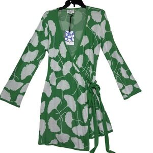 Diane Von Furstenberg NEW Green Ginkgo Leaf Print Wrap Sweater Dress Midi Size M